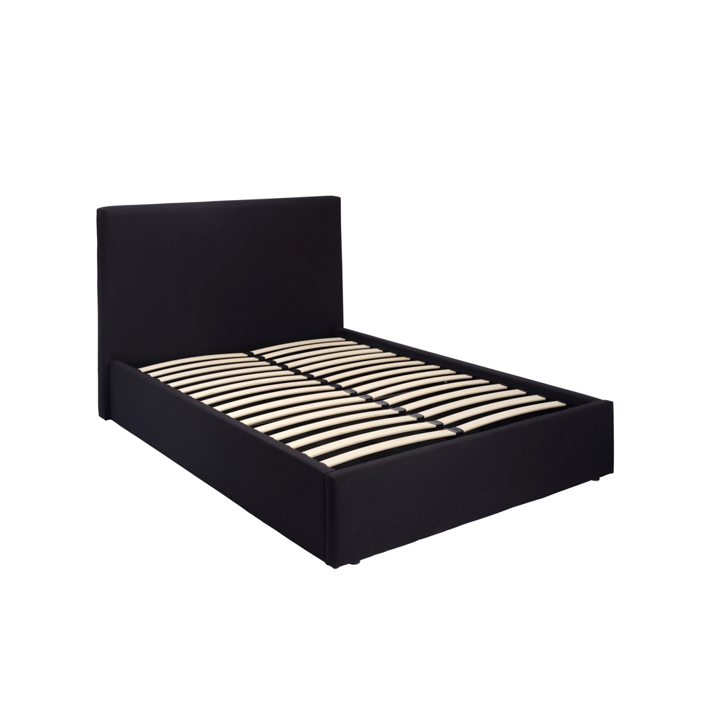 Black upholstered platform bed frame with light wood slats and no mattress.
