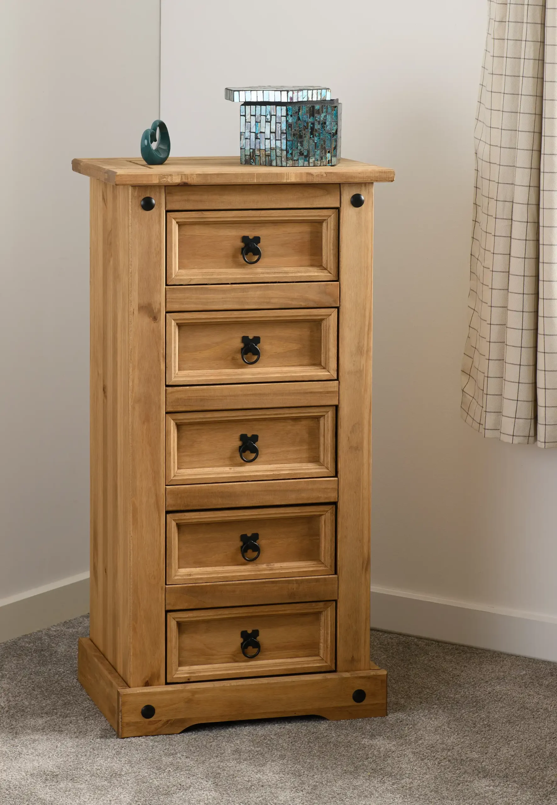 CORONA-5-DRAWER-NARROW-CHEST-DISTRESSED-WAXED-PINE-2020-100-102-026-08 - Jamies Furniture
