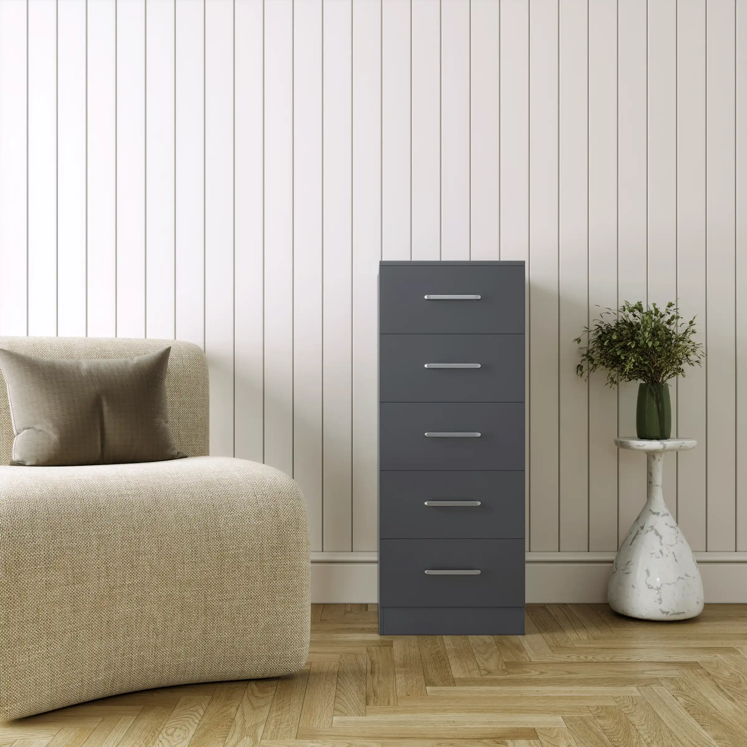 DAKOTA-5-DRAWER-NARROW-CHEST-DARK-GREY-2024-100-102-220-D03 - Jamies Furniture