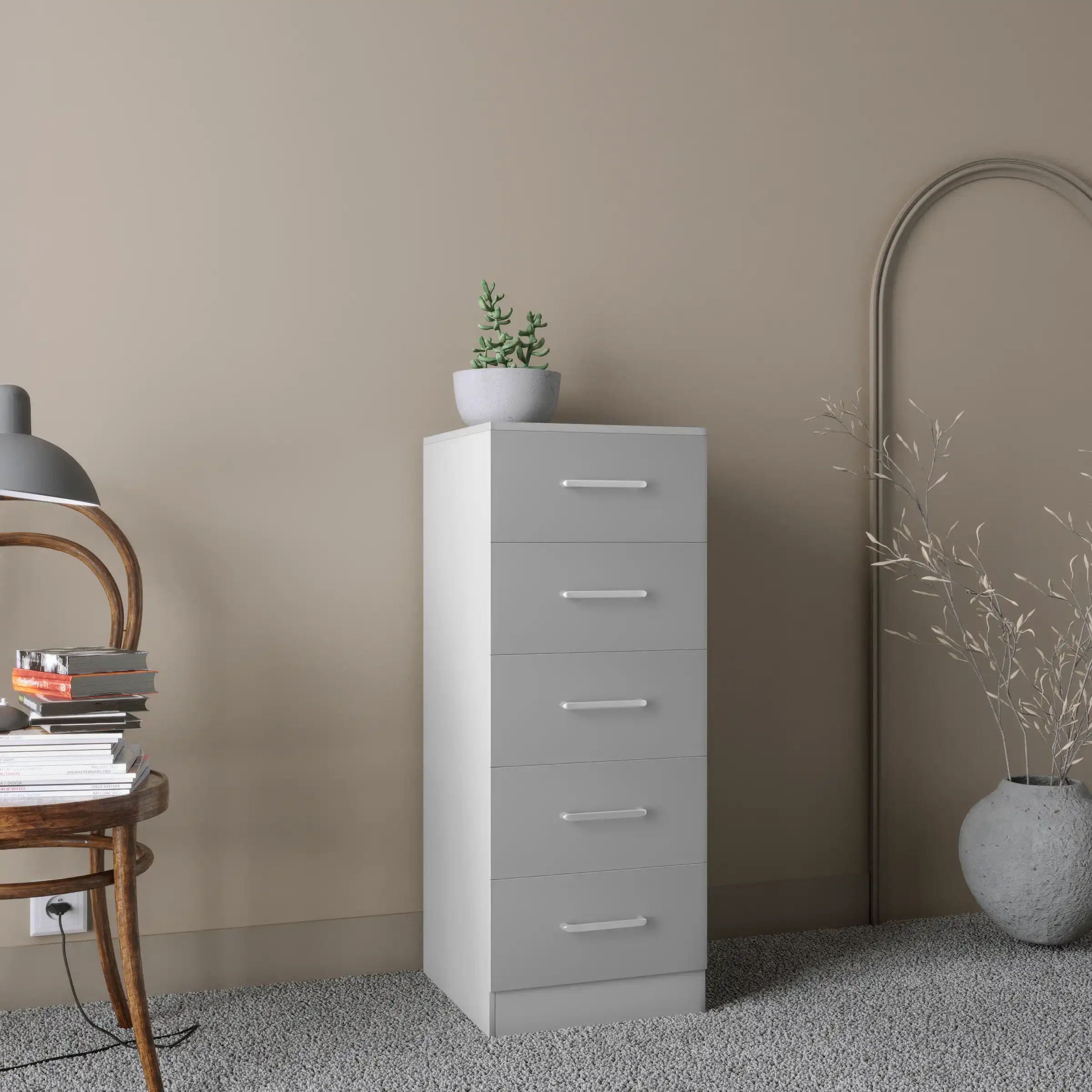 DAKOTA-5-DRAWER-NARROW-CHEST-LIGHT-GREY-2024-100-102-216-D03 - Jamies Furniture