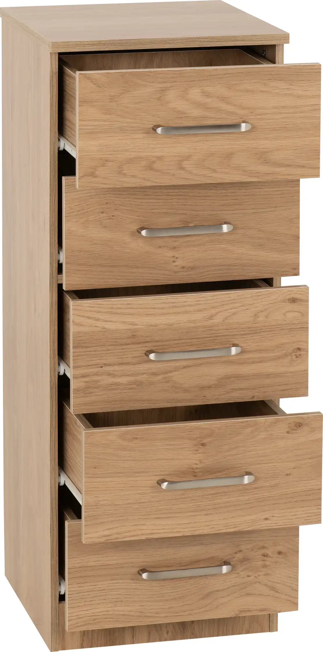 DAKOTA-5-DRAWER-NARROW-CHEST-OAK-EFFECT-2025-100-102-208-02 - Jamies Furniture