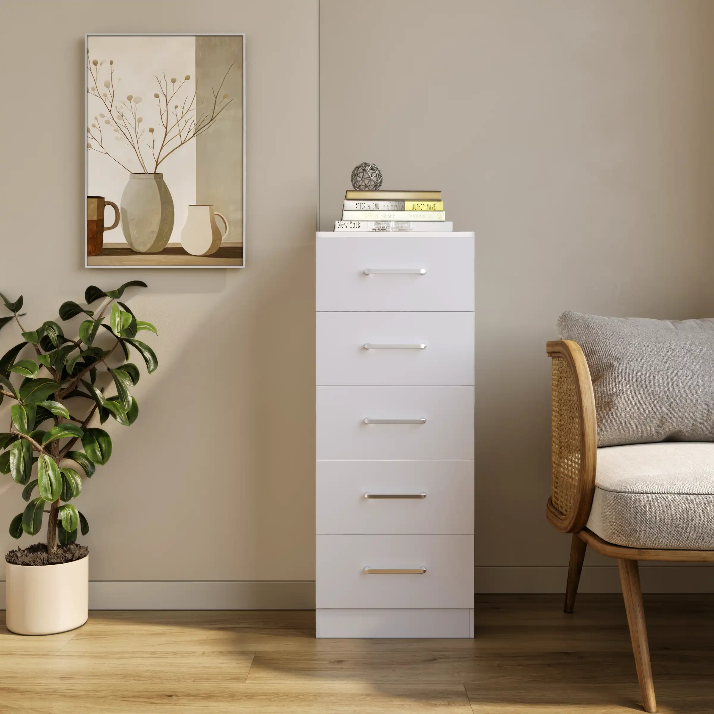 DAKOTA-5-DRAWER-NARROW-CHEST-WHITE-2024-100-102-212-D03 - Jamies Furniture