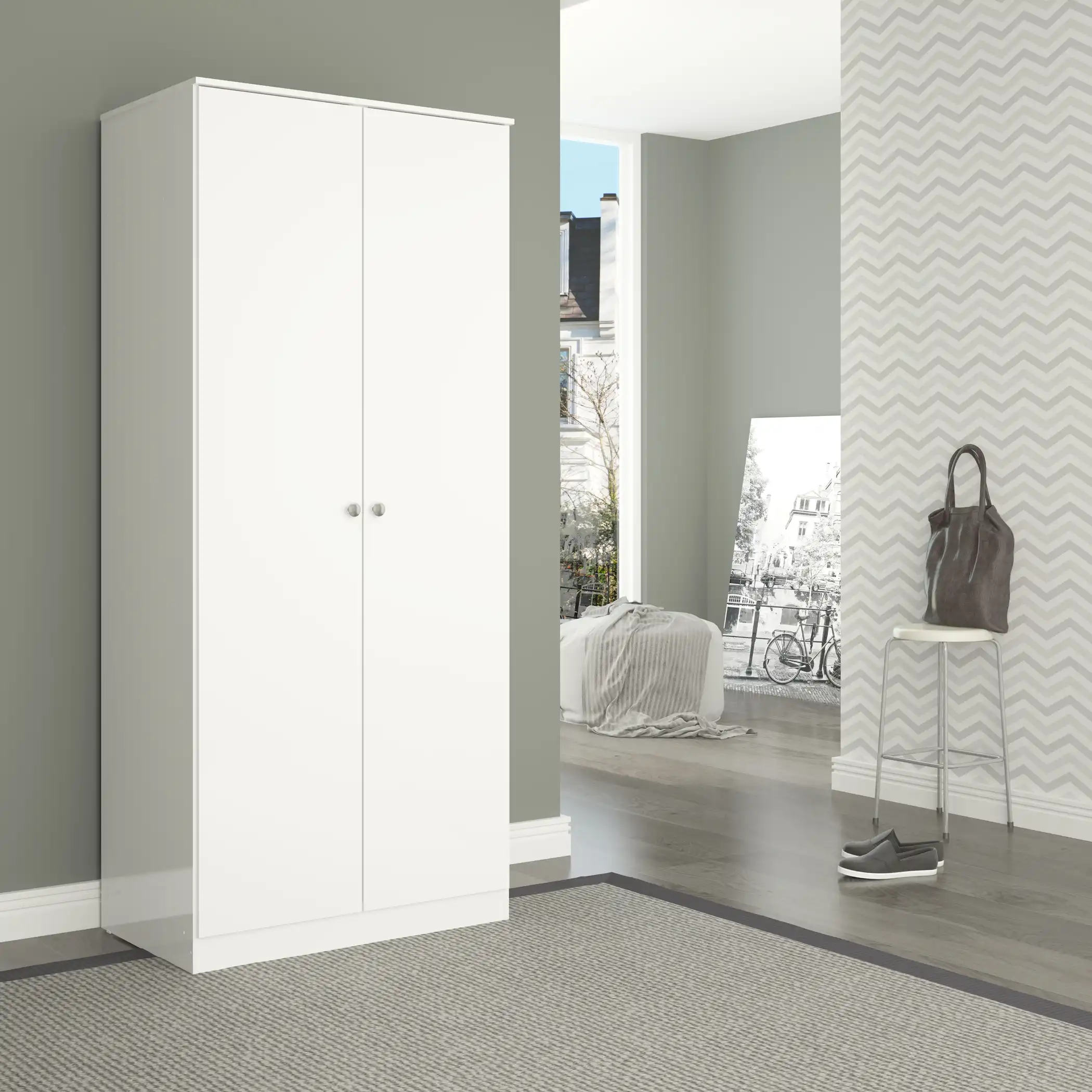 DENVER-2-DOOR-WARDROBE-WHITE-GLOSS-2024-100-101-215-F08 - Jamies Furniture