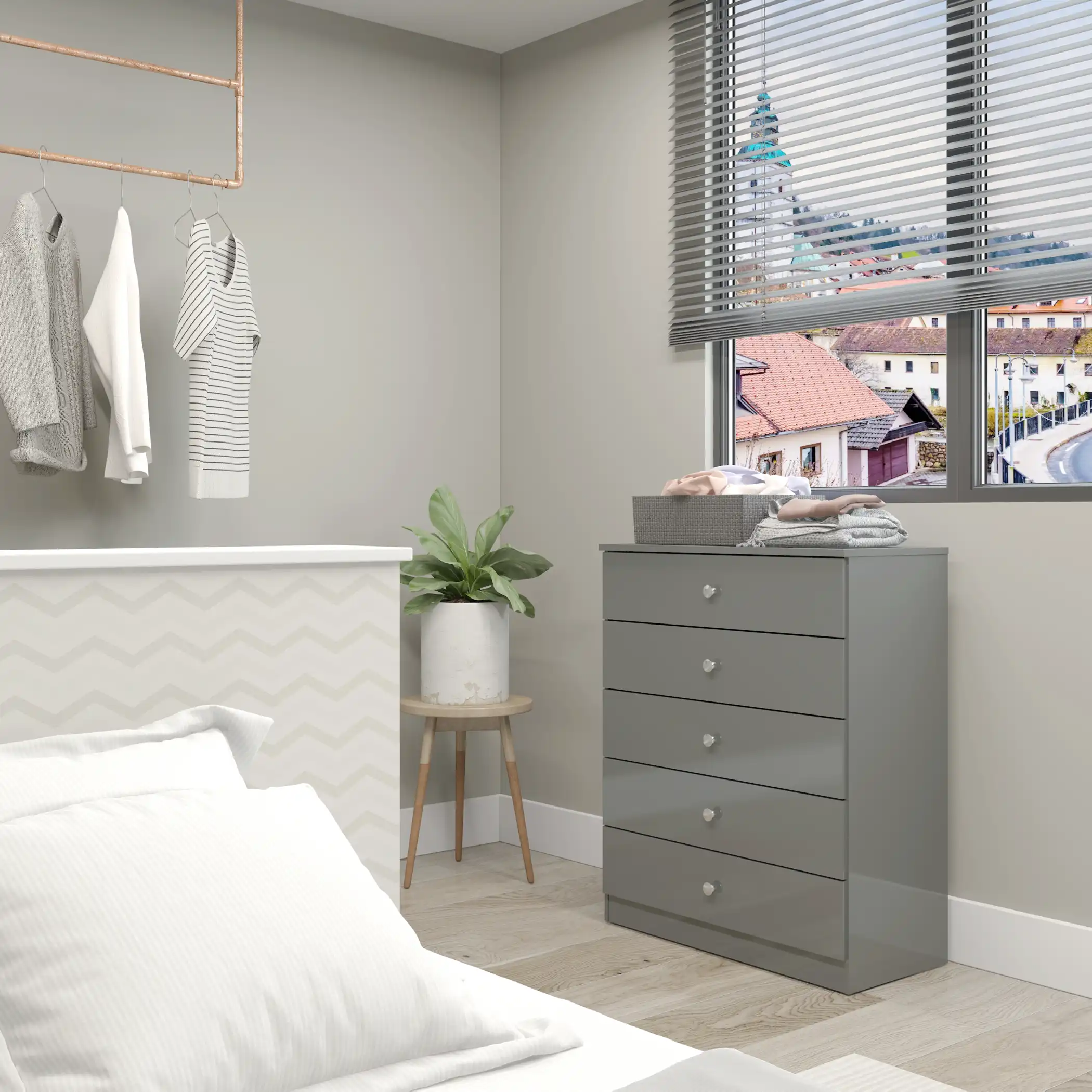 DENVER-5-DRAWER-CHEST-GREY-GLOSS-2024-100-102-200-F08 - Jamies Furniture