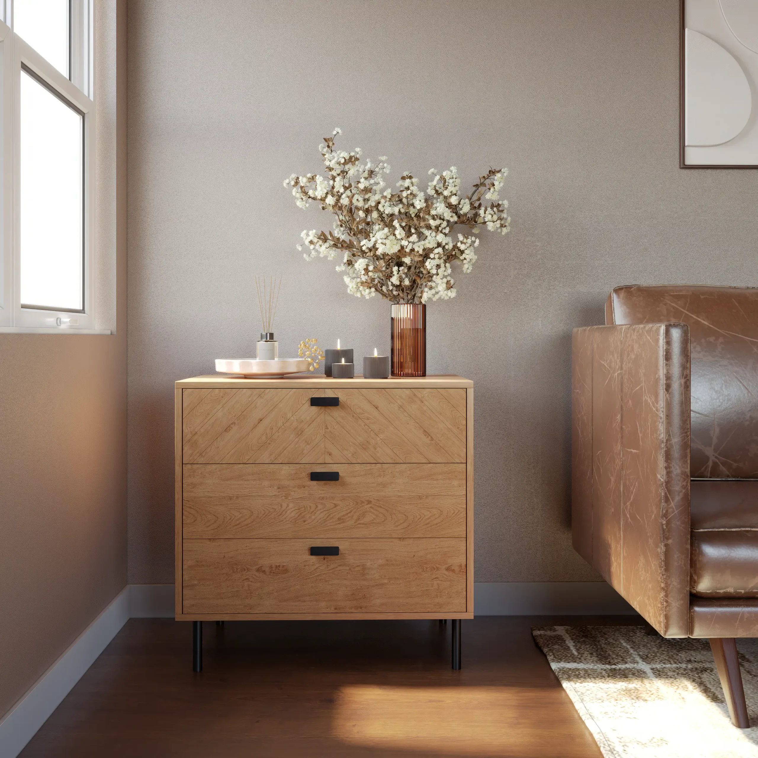 LEON-3-DRAWER-CHEST-MEDIUM-OAK-EFFECT-2023-100-102-177-08-DX - Jamies Furniture
