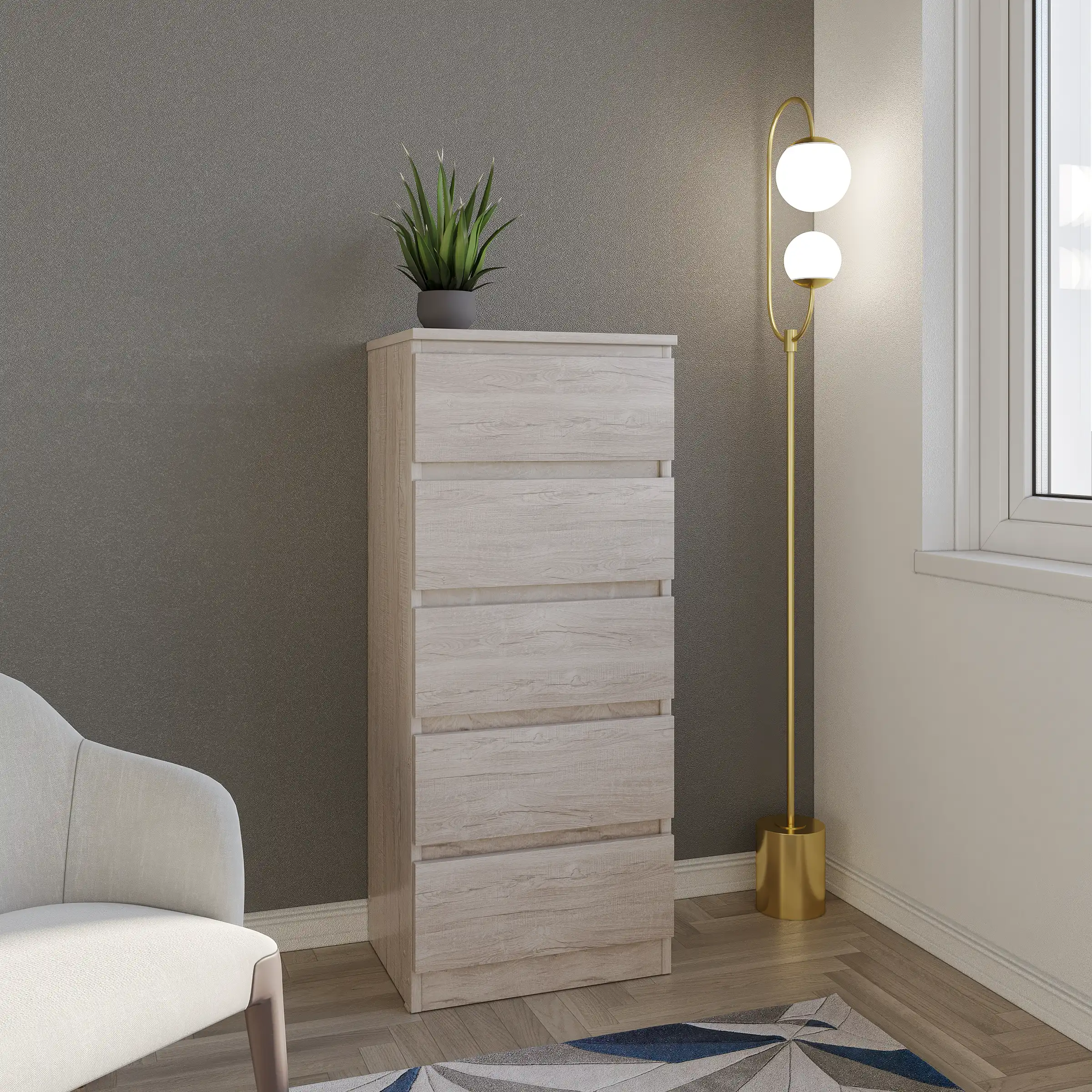 MALVERN-5-DRAWER-NARROW-CHEST-URBAN-SNOW-2025-100-102-192-03-DX - Jamies Furniture