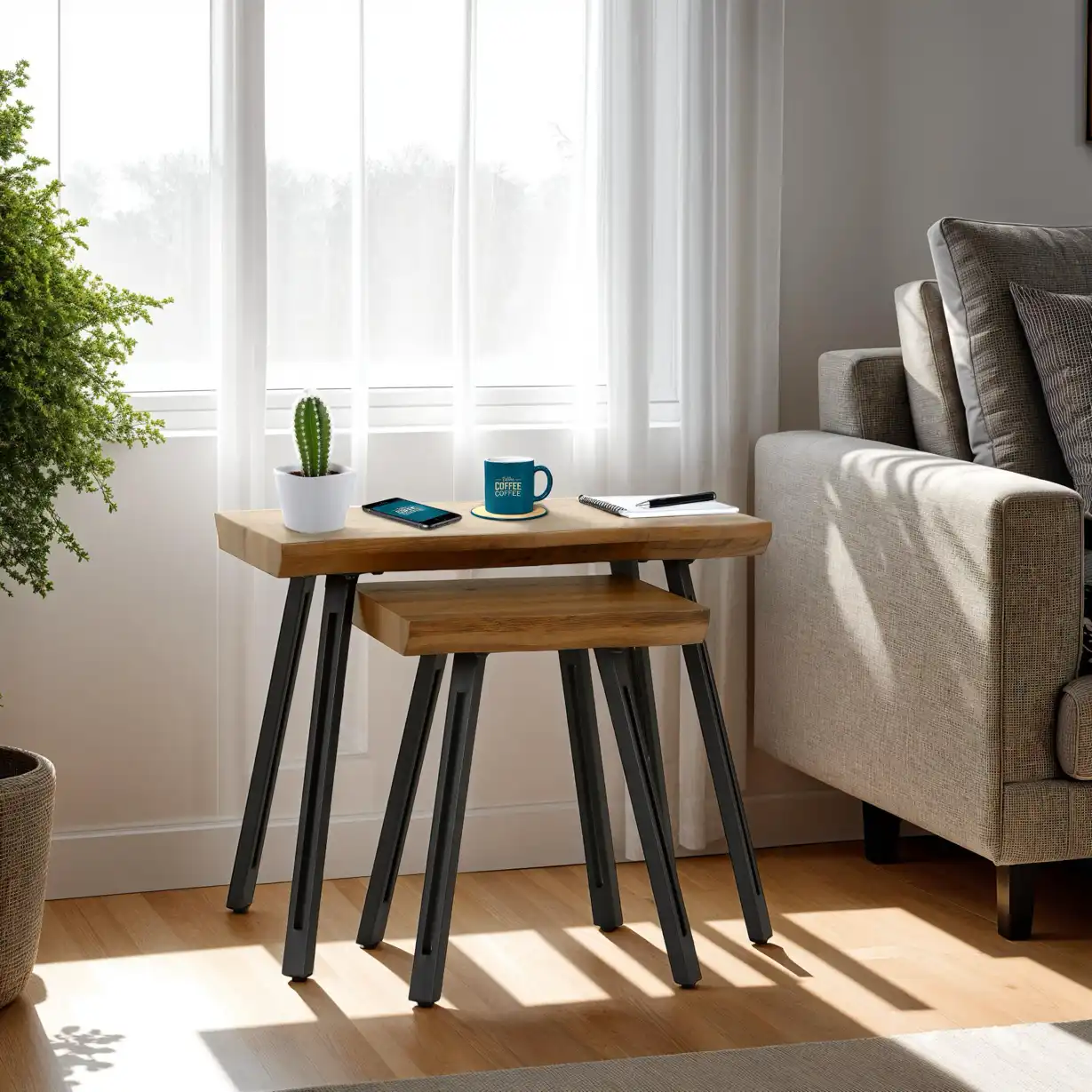 QUEBEC-WAVE-EDGE-NEST-OF-TABLES-MEDIUM-OAK-EFFECT-300-303-033-PR - Jamies Furniture