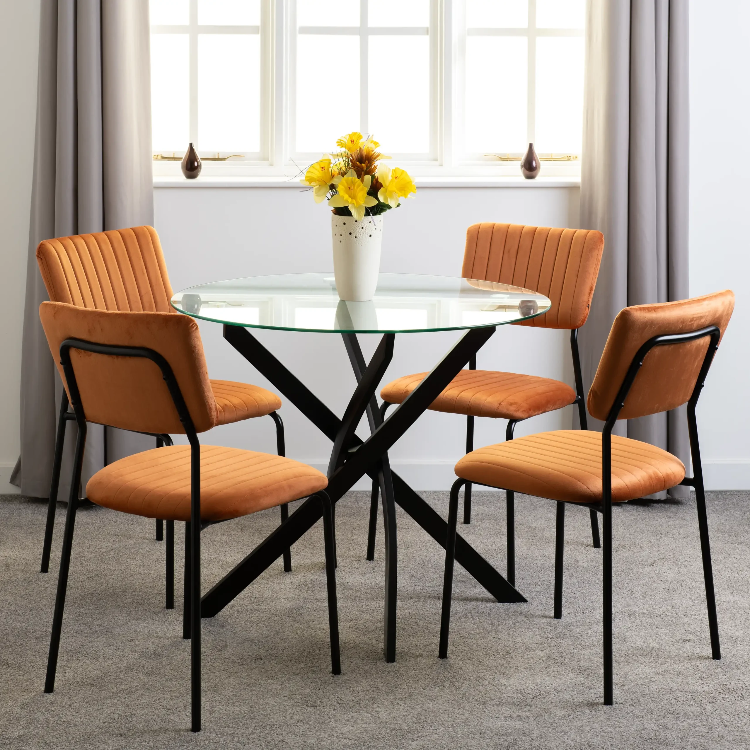 SHELDON-ROUND-GLASS-TOP-DINING-SET-CLEAR-GLASSBURNT-ORANGE-VELVET-FABRIC-2023-400-401-287-03 - Jamies Furniture