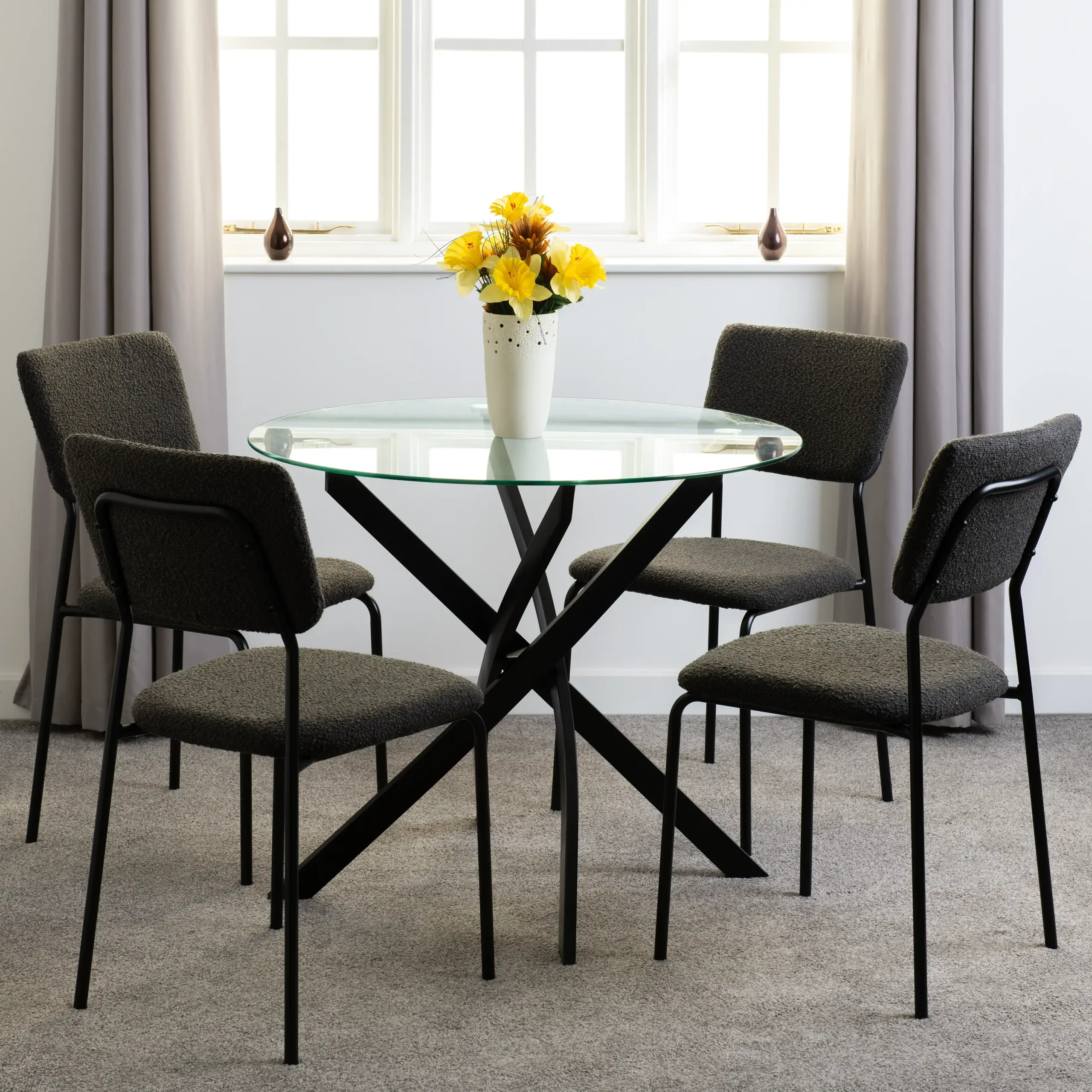 SHELDON-ROUND-GLASS-TOP-DINING-SET-CLEAR-GLASSGREY-BOUCLE-FABRIC-2023-400-401-285-03 - Jamies Furniture