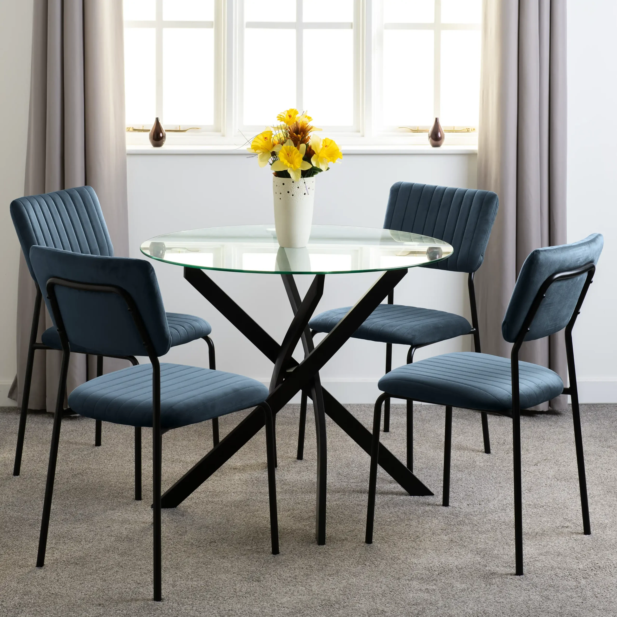 SHELDON-ROUND-GLASS-TOP-DINING-SET-X4-CHAIRS-CLEAR-GLASSNAVY-BLUE-VELVET-FABRIC-2025-400-401-369-03 - Jamies Furniture